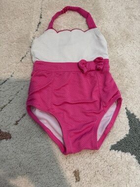 Janie and Jack Pink and White Textured Halter One-Piece Swimsuit